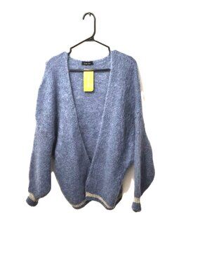 VTG Icy Blue Mohair Cardigan Metallic Trim Italy Soft Fluffy Knit Cozzy Hygge